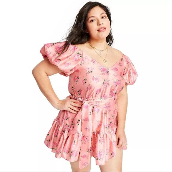 Love Shack Fancy Cecile Puff Sleeve Floral Dress Pink Green Womens